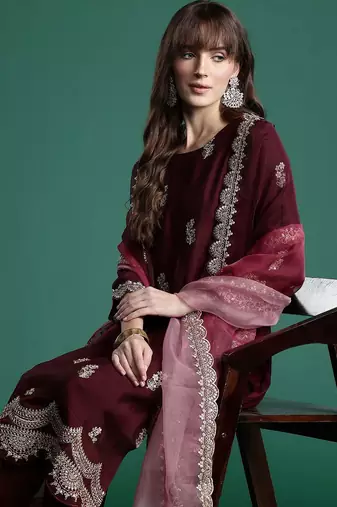 Floral Embroidered Sequinned Kurta With Trousers & Dupatta