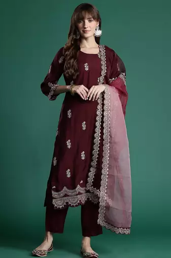Floral Embroidered Sequinned Kurta With Trousers & Dupatta