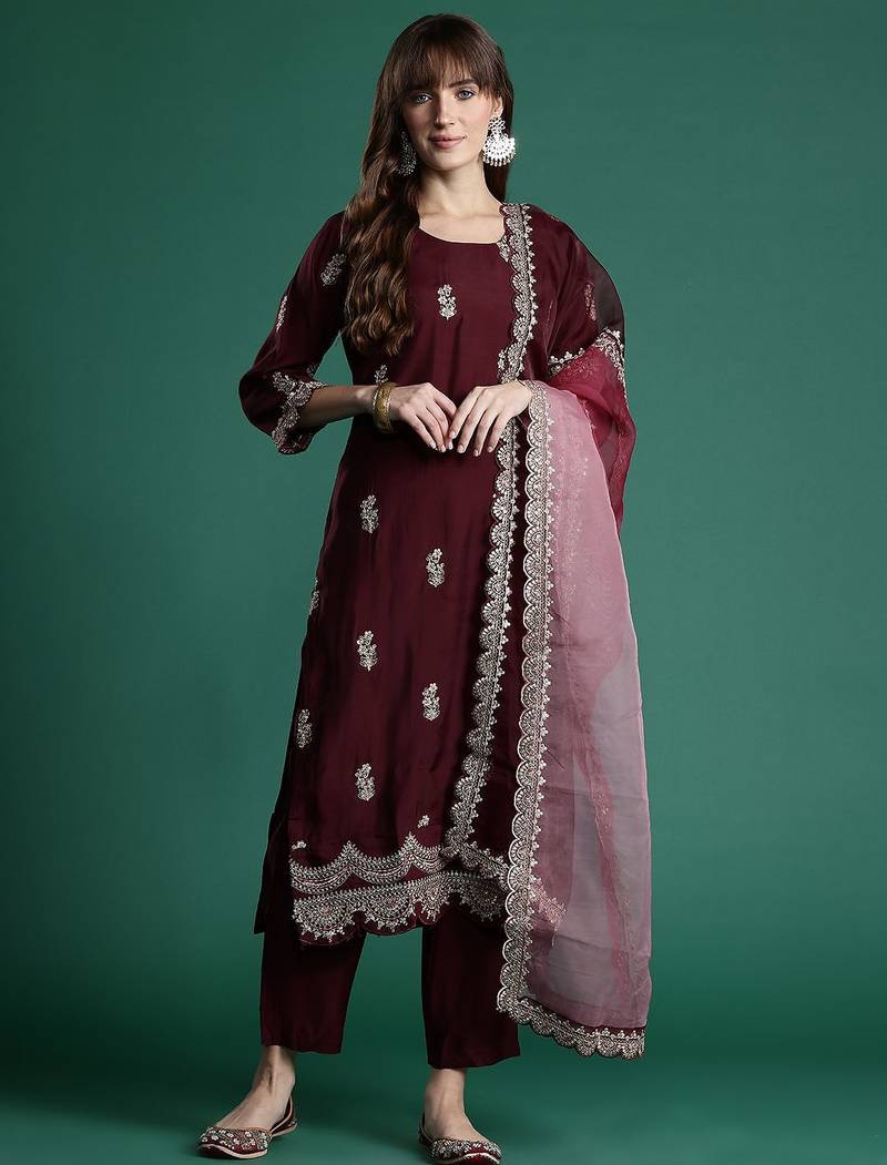 Floral Embroidered Sequinned Kurta With Trousers & Dupatta