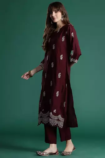 Floral Embroidered Sequinned Kurta With Trousers & Dupatta