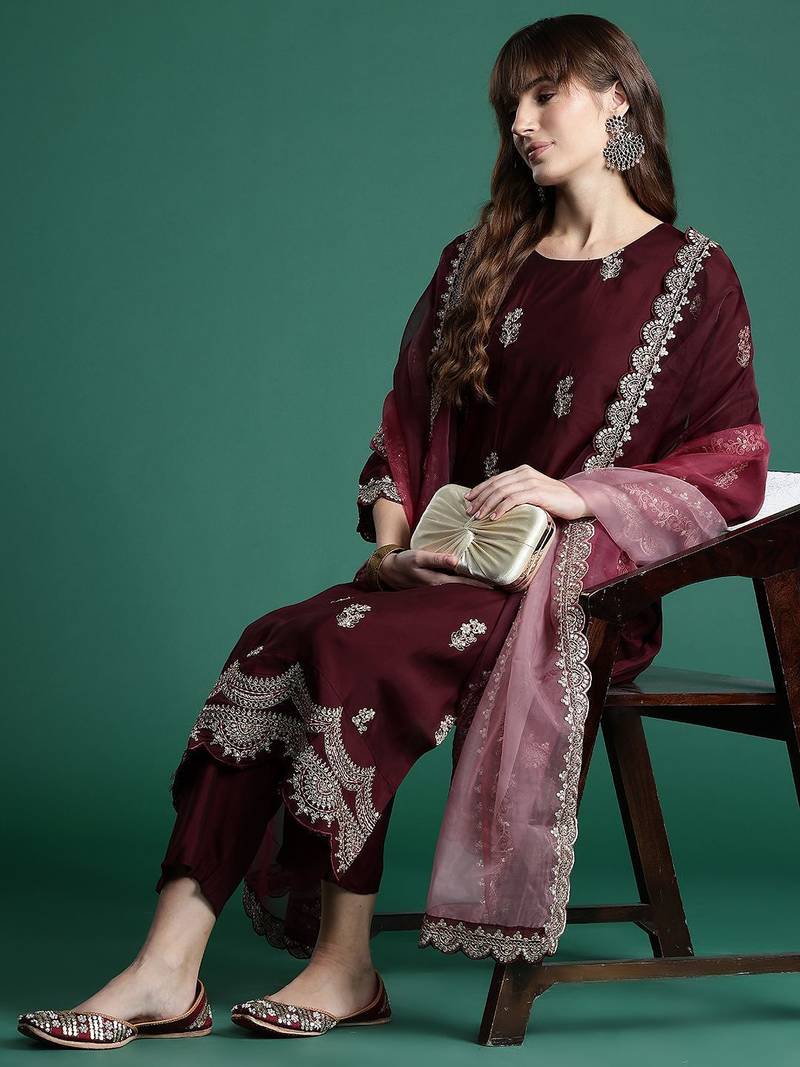 Floral Embroidered Sequinned Kurta With Trousers & Dupatta