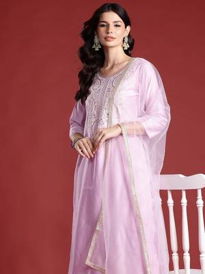 Ethnic Motifs Embroidered Thread Work Liva Kurta with Trousers & Dupatta 1