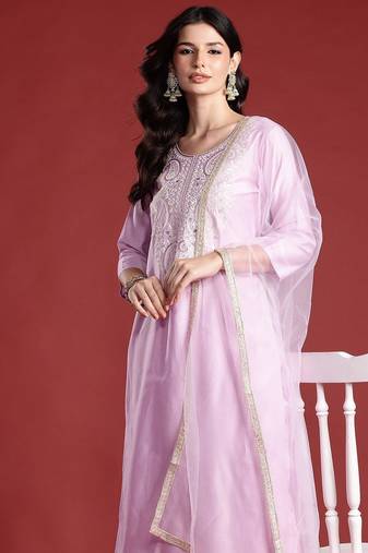 Ethnic Motifs Embroidered Thread Work Liva Kurta with Trousers & Dupatta