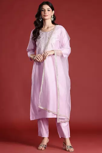 Ethnic Motifs Embroidered Thread Work Liva Kurta with Trousers & Dupatta
