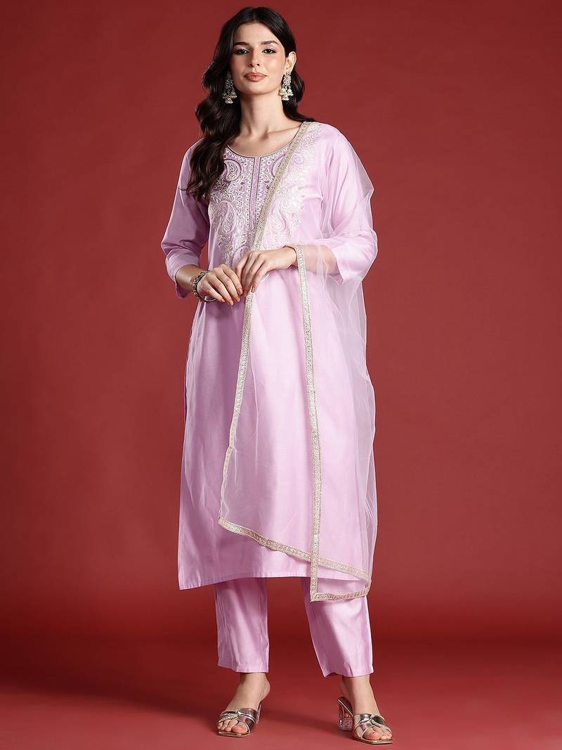 Ethnic Motifs Embroidered Thread Work Liva Kurta with Trousers & Dupatta