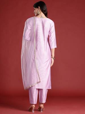 Ethnic Motifs Embroidered Thread Work Liva Kurta with Trousers & Dupatta 7