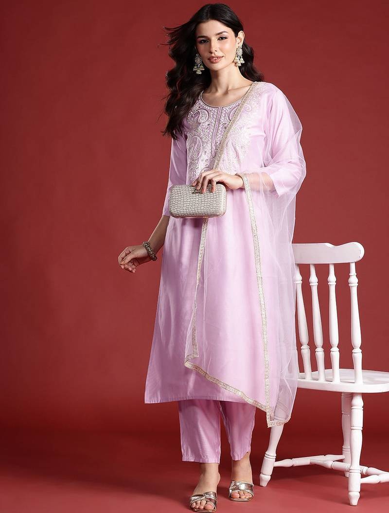 Ethnic Motifs Embroidered Thread Work Liva Kurta with Trousers & Dupatta