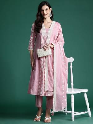 Ethnic Motifs Embroidered Pleated Thread Work Pure Cotton Kurta Set 1