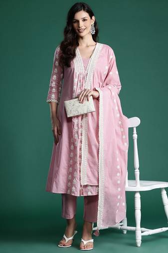 Ethnic Motifs Embroidered Pleated Thread Work  Cotton Kurta Set