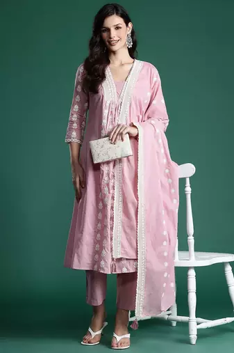 Ethnic Motifs Embroidered Pleated Thread Work Pure Cotton Kurta Set