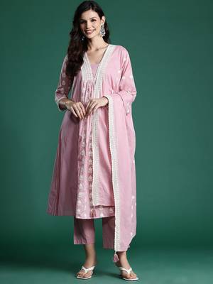 Ethnic Motifs Embroidered Pleated Thread Work Pure Cotton Kurta Set 2