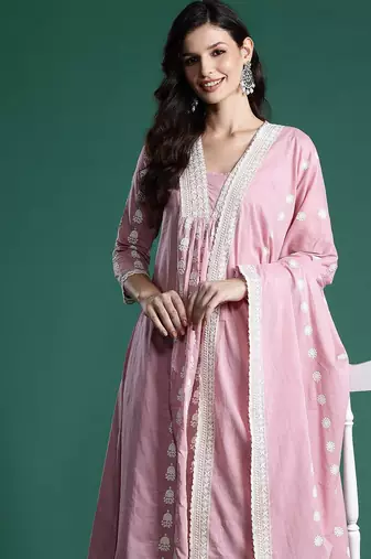 Ethnic Motifs Embroidered Pleated Thread Work Pure Cotton Kurta Set