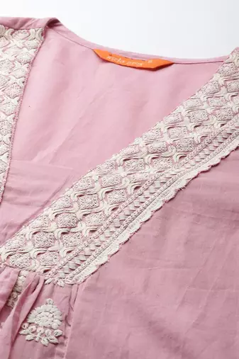 Ethnic Motifs Embroidered Pleated Thread Work Pure Cotton Kurta Set