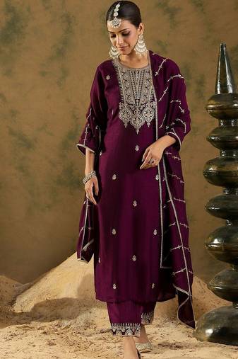 Women Ethnic Motifs Embroidered Regular Kurta with Trousers & With Dupatta