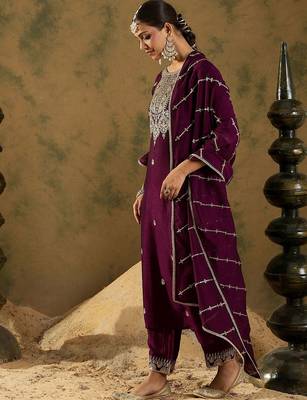 Women Ethnic Motifs Embroidered Regular Kurta with Trousers & With Dupatta 5