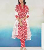 Floral Printed Pleated Beads and Stones Pure Cotton Kurta With Trousers & Dupatta