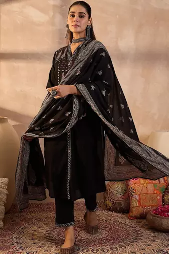 Women Ethnic Motifs Printed Regular Thread Work Pure Cotton Kurta with Trousers & With Dupatta