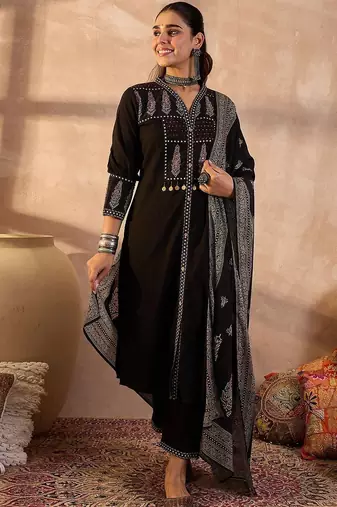 Women Ethnic Motifs Printed Regular Thread Work Pure Cotton Kurta with Trousers & With Dupatta
