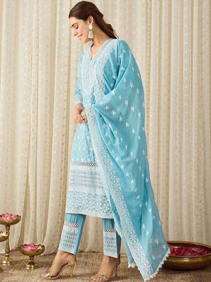 Women Ethnic Motifs Embroidered Regular Thread Work Pure Cotton Kurta with Trousers & With Dupatta 1