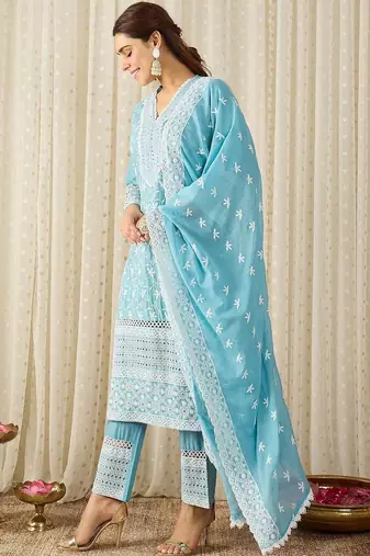 Women Ethnic Motifs Embroidered Regular Thread Work Pure Cotton Kurta with Trousers & With Dupatta