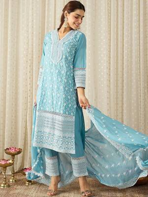 Women Ethnic Motifs Embroidered Regular Thread Work Pure Cotton Kurta with Trousers & With Dupatta 2