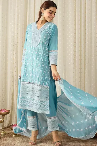 Women Ethnic Motifs Embroidered Regular Thread Work Pure Cotton Kurta with Trousers & With Dupatta