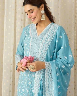 Women Ethnic Motifs Embroidered Regular Thread Work Pure Cotton Kurta with Trousers & With Dupatta 3