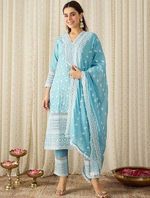 Women Ethnic Motifs Embroidered Regular Thread Work Pure Cotton Kurta with Trousers & With Dupatta 4