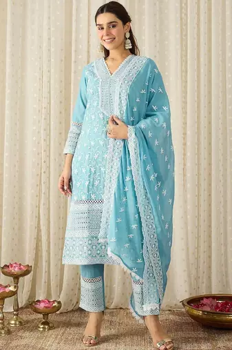 Women Ethnic Motifs Embroidered Regular Thread Work Pure Cotton Kurta with Trousers & With Dupatta