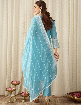Women Ethnic Motifs Embroidered Regular Thread Work Pure Cotton Kurta with Trousers & With Dupatta 5