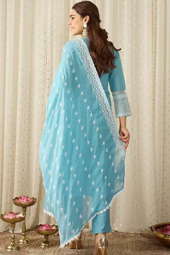Women Ethnic Motifs Embroidered Regular Thread Work Pure Cotton Kurta with Trousers & With Dupatta