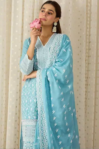 Women Ethnic Motifs Embroidered Regular Thread Work Pure Cotton Kurta with Trousers & With Dupatta