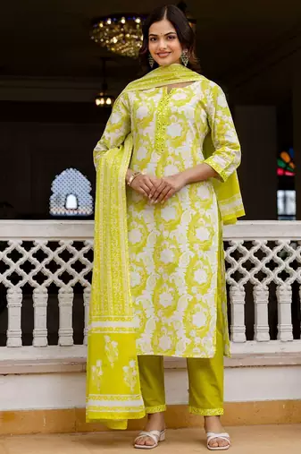 Women Ethnic Motifs Printed Regular Pure Cotton Kurta with Trousers & With Dupatta