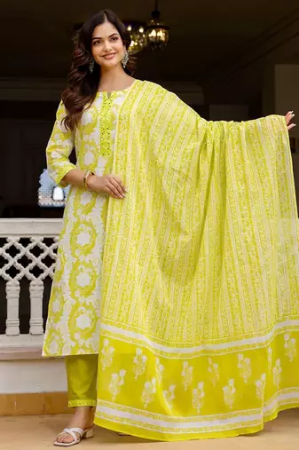 Women Ethnic Motifs Printed Regular Pure Cotton Kurta with Trousers & With Dupatta