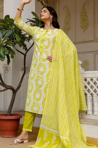 Women Ethnic Motifs Printed Regular Pure Cotton Kurta with Trousers & With Dupatta