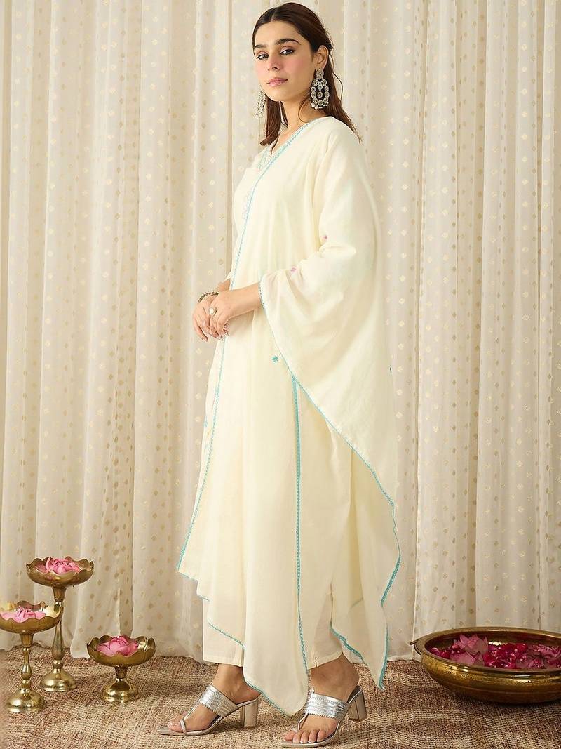 Floral Embroidered Thread Work Pure Cotton Kurta with Trousers & Dupatta