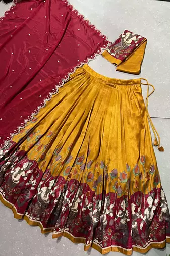 Kalamkari Printed Tussar silk blend Lehenga Choli with Chinon Dupatta