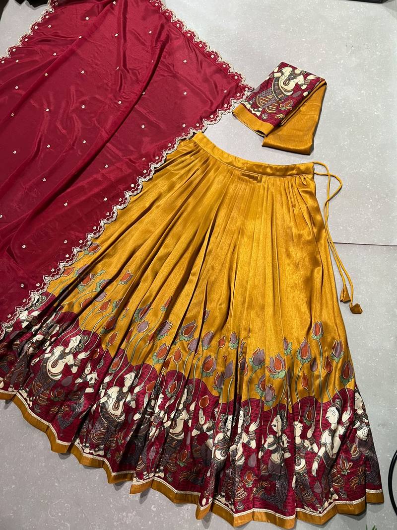 Kalamkari Printed Tussar silk blend Lehenga Choli with Chinon Dupatta