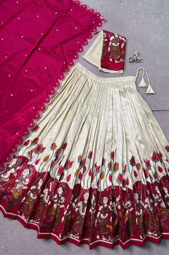 Kalamkari Printed Tussar silk blend Lehenga Choli with Chinon Dupatta