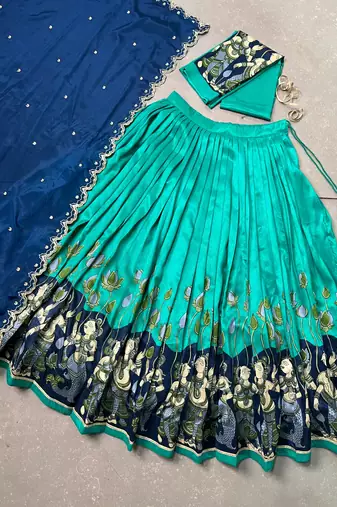 Kalamkari Printed Tussar silk blend Lehenga Choli with Chinon Dupatta