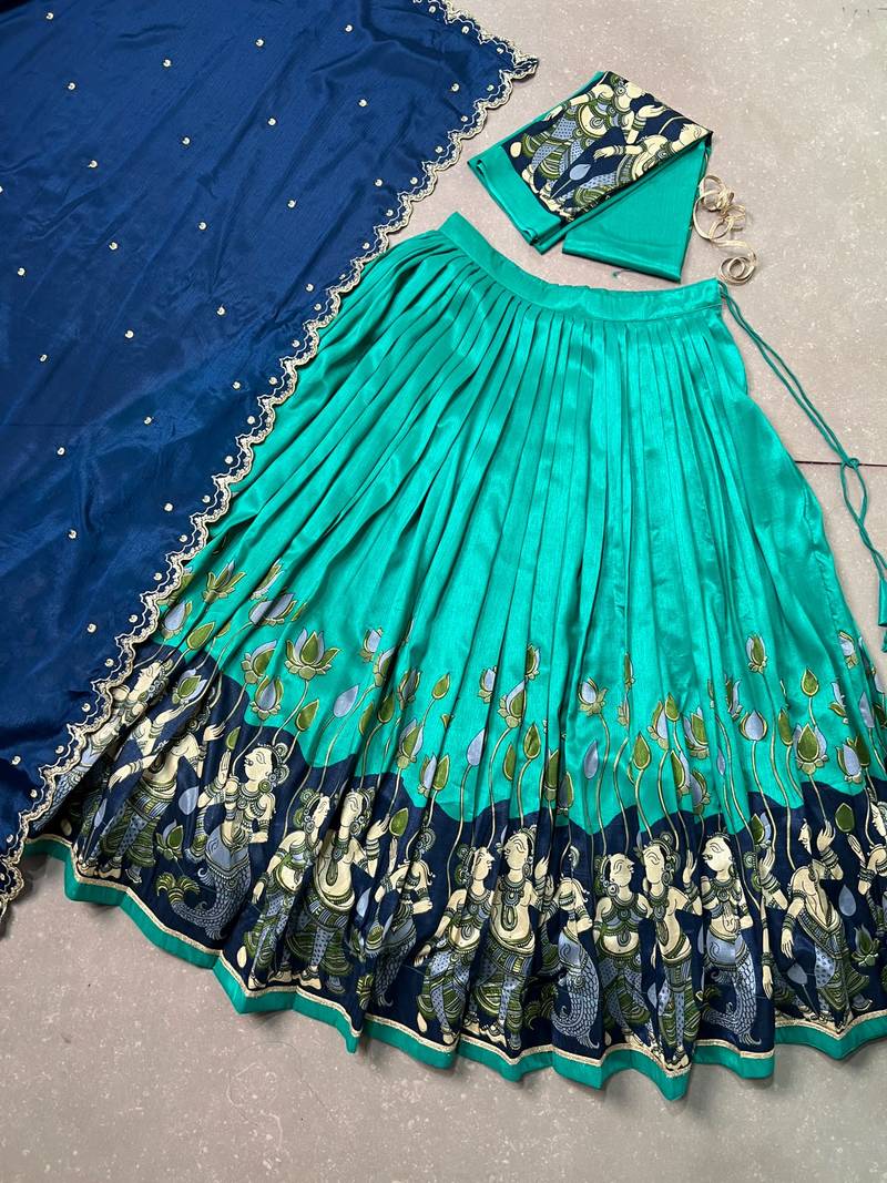 Kalamkari Printed Tussar silk blend Lehenga Choli with Chinon Dupatta