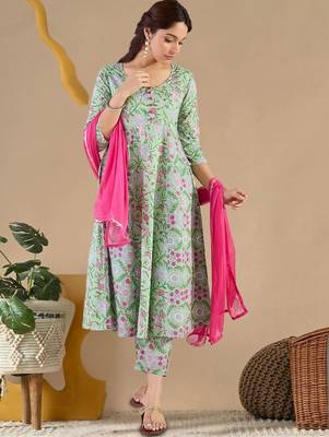 Women Floral Printed Panelled Pure Cotton Kurta with Trousers & With Dupatta 1