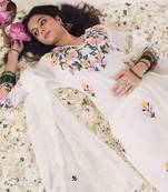 Floral Embroidered V-Neck Thread Work Pure Cotton Kurta & Trousers With Dupatta