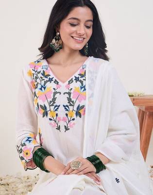 Floral Embroidered V-Neck Thread Work Pure Cotton Kurta & Trousers With Dupatta 3