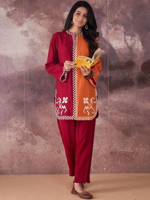 Geometric Thread Work Round Neck Straight Kurta With Trouser 1