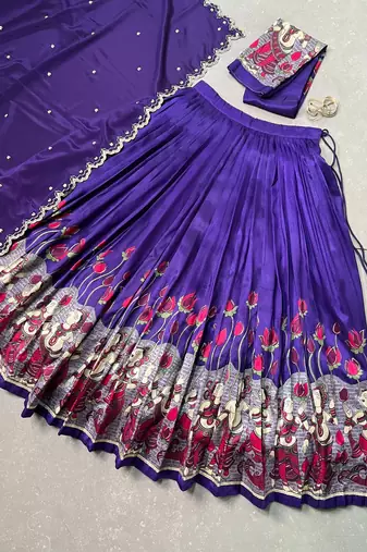 Kalamkari Printed Tussar Silk Lehenga Choli with Chinon Dupatta