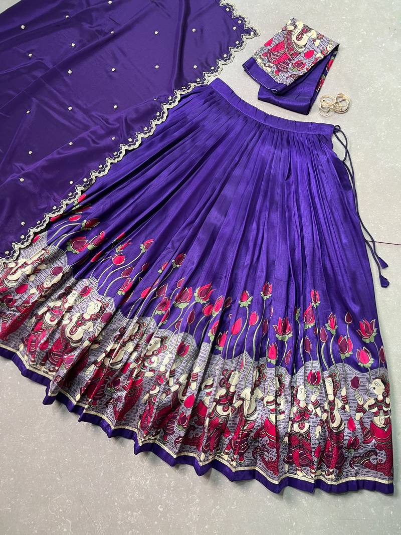 Kalamkari Printed Tussar Silk Lehenga Choli with Chinon Dupatta
