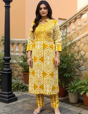 Women Geometric Printed Cotton Kurta with Trousers 1
