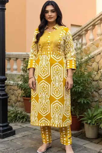 Women Geometric Printed Cotton Kurta with Trousers