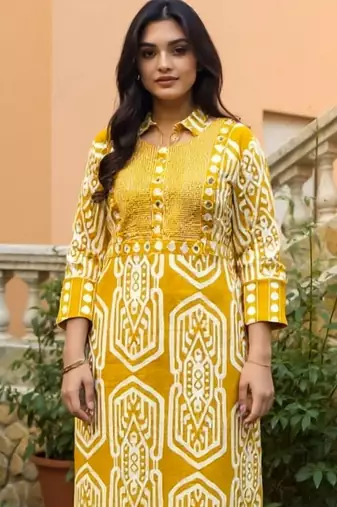 Women Geometric Printed Cotton Kurta with Trousers